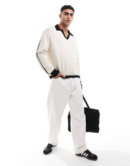 ASOS DESIGN - Maglione in misto cotone color pietra con colletto e polsini neri a contrasto, 4 di 4