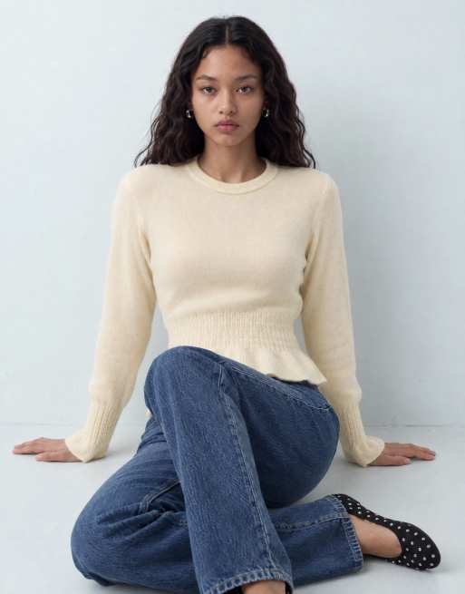 ASOS DESIGN maglione in misto lana con vita stretta e maniche lunghe in giallo burro, 6 di 9