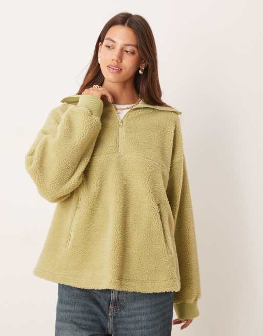 ASOS DESIGN - Maglione in misto maglia e pile borg color verde salvia con zip corta, 4 di 4