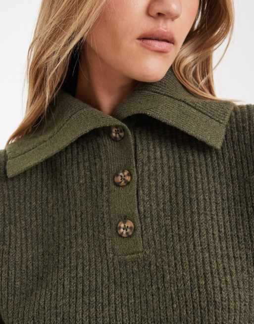 ASOS DESIGN - Maglione kaki a coste inglesi con colletto stile marinaio, 3 di 4