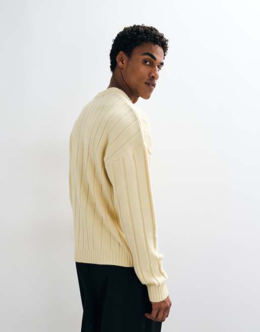 ASOS DESIGN maglione lavorato a maglia comodo con scollo a V in giallo a coste, 5 di 5