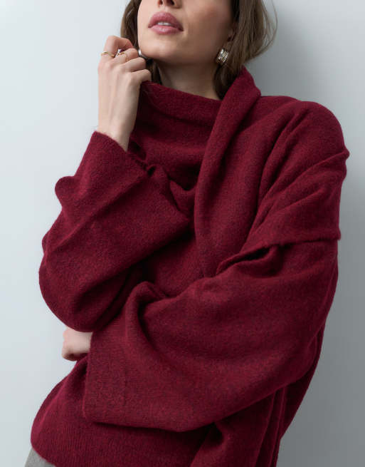 ASOS DESIGN maglione lavorato a maglia con dettaglio sciarpa, bordeaux, 3 di 4