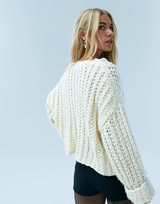 ASOS DESIGN Maglione lavorato a maglia spessa elasticizzato con polsini con risvolto color crema