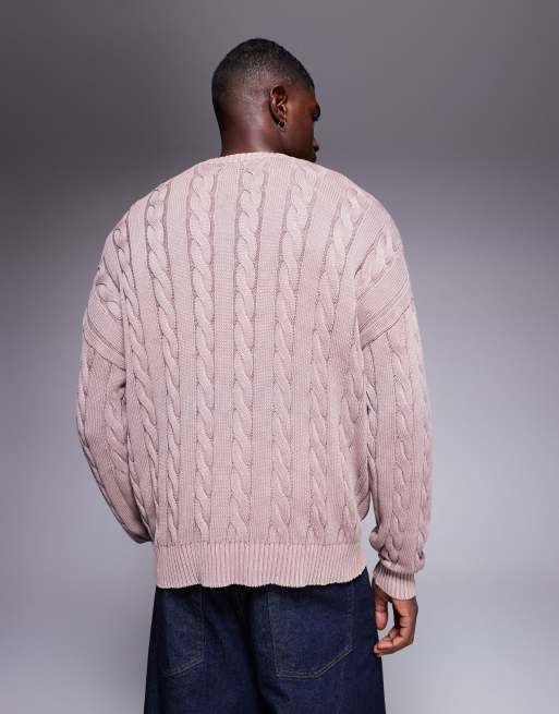 ASOS DESIGN - Maglione lavorato a trecce oversize rosa slavato, 3 di 5