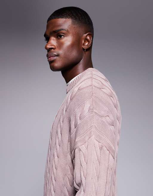 ASOS DESIGN - Maglione lavorato a trecce oversize rosa slavato, 4 di 5