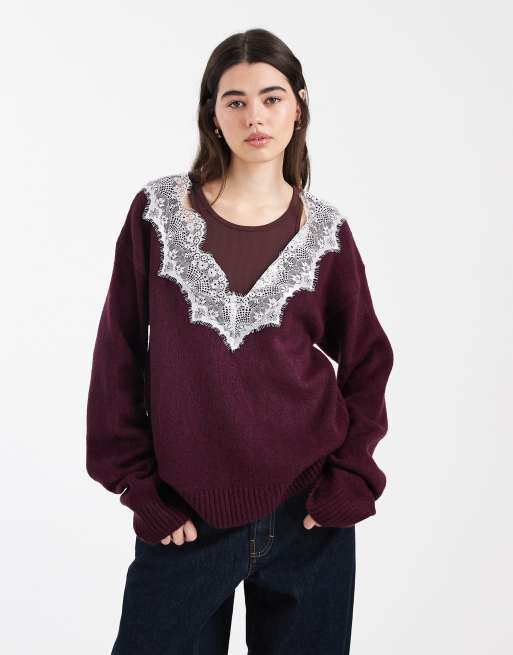 ASOS DESIGN - Maglione lavorato color prugna con scollo a V e finiture in pizzo