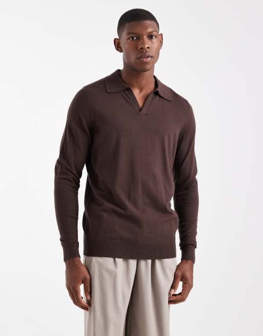 ASOS DESIGN - Maglione lavorato marrone con intaglio sul collo