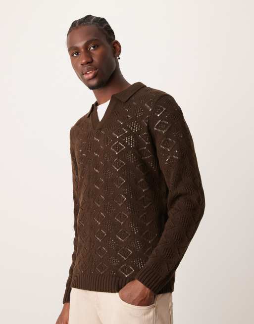 ASOS DESIGN - Maglione lavorato marrone scuro testurizzato con intaglio sul collo