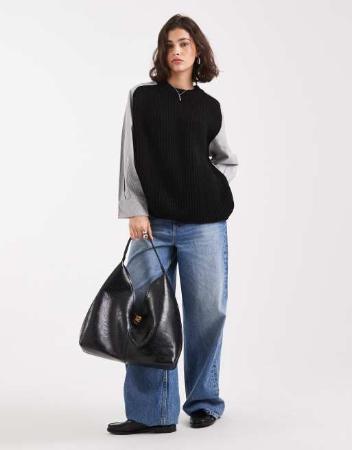 ASOS DESIGN - Maglione lavorato nero in maglia mista, 4 di 4