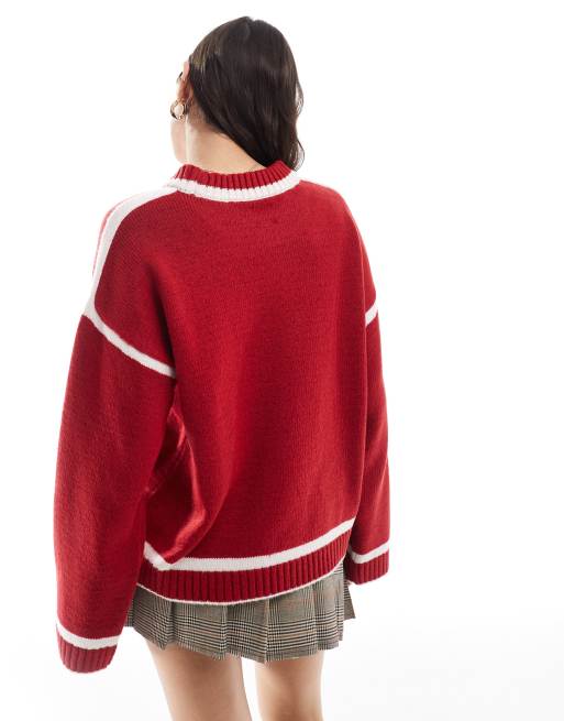 ASOS DESIGN - Maglione lavorato rosa con cuciture rosse a contrasto, 4 di 4