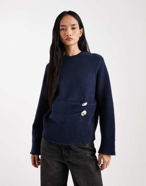 ASOS DESIGN - Maglione lavorato soffice blu navy con dettagli in metallo - view 1