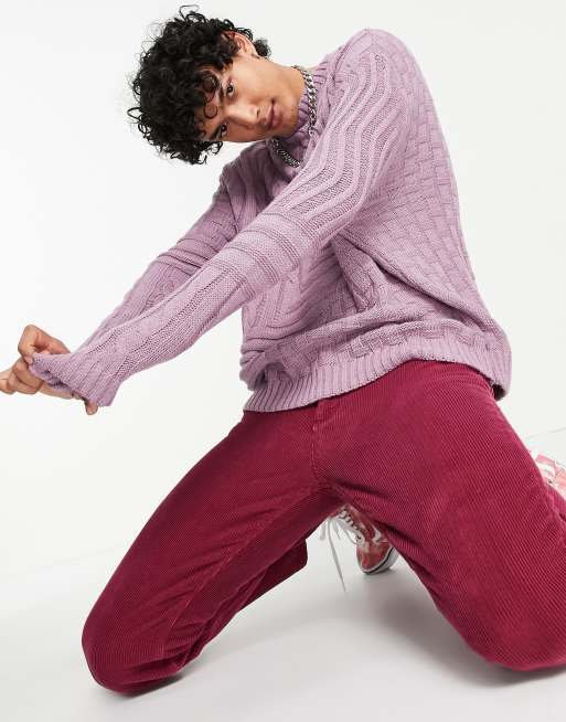 ASOS DESIGN - Maglione lavorato viola pallido con motivo patchwork a trecce, 3 di 4