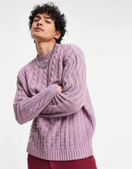 ASOS DESIGN - Maglione lavorato viola pallido con motivo patchwork a trecce, 4 di 4