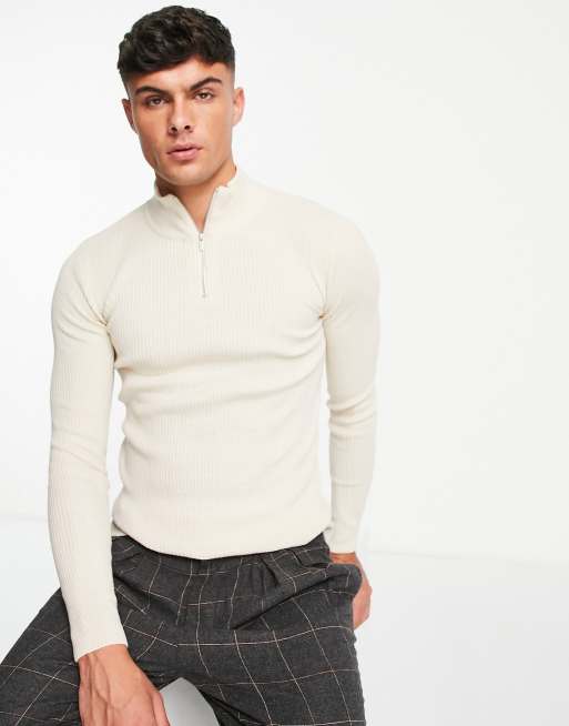 ASOS DESIGN - Maglione leggero color avena a coste con zip corta
