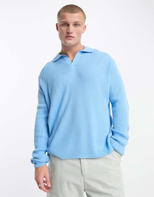 ASOS DESIGN - Maglione leggero oversize blu a coste con intaglio sul collo