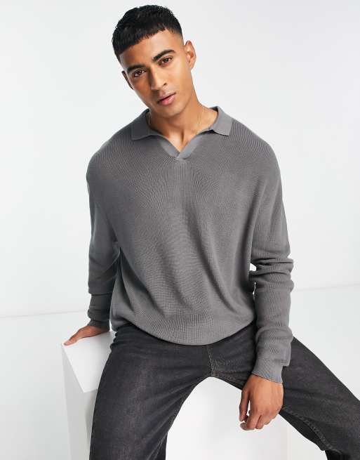 ASOS DESIGN - Maglione leggero oversize grigio scuro a coste con intaglio sul collo