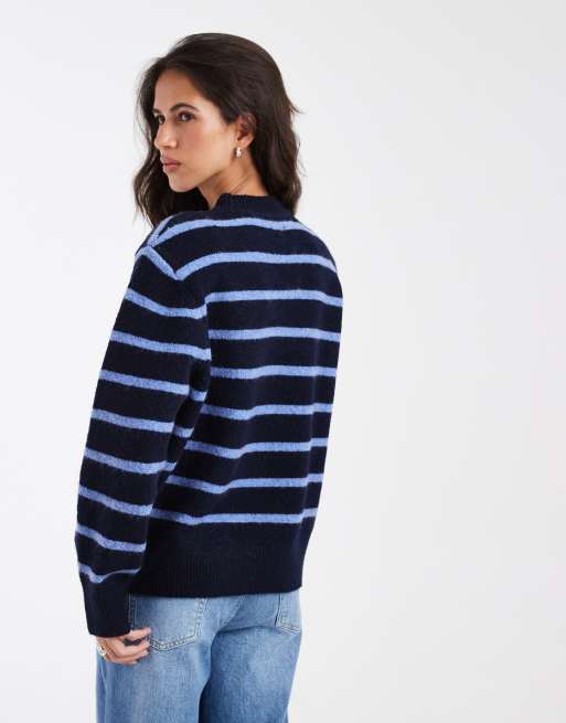 ASOS DESIGN maglione lungo con spalle scese e spalline imbottite a righe navy e cobalto, 2 di 4