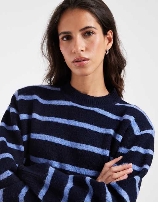 ASOS DESIGN maglione lungo con spalle scese e spalline imbottite a righe navy e cobalto, 3 di 4