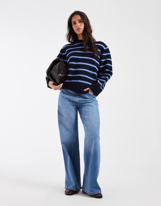 ASOS DESIGN maglione lungo con spalle scese e spalline imbottite a righe navy e cobalto, 4 di 4