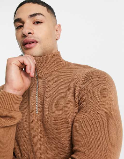 ASOS DESIGN - Maglione marrone di media pesantezza in cotone con zip corta