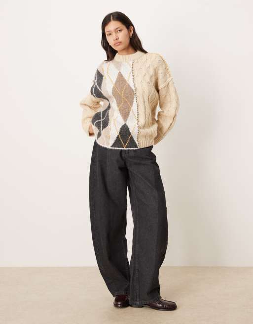 ASOS DESIGN - Maglione misto a trecce e rombi stile patchwork color moka