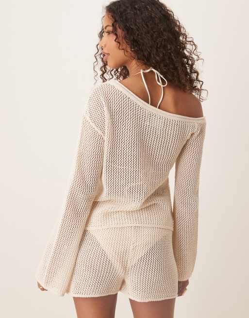 ASOS DESIGN - Maglione monospalla écru con fiori 3D in coordinato, 4 di 4