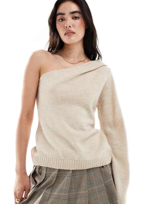 ASOS DESIGN - Maglione monospalla lavorato color écru con dettaglio plissettato