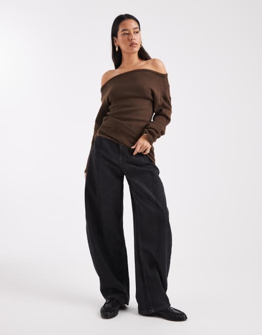 ASOS DESIGN - Maglione monospalla marrone cioccolato con arricciature, 3 di 4