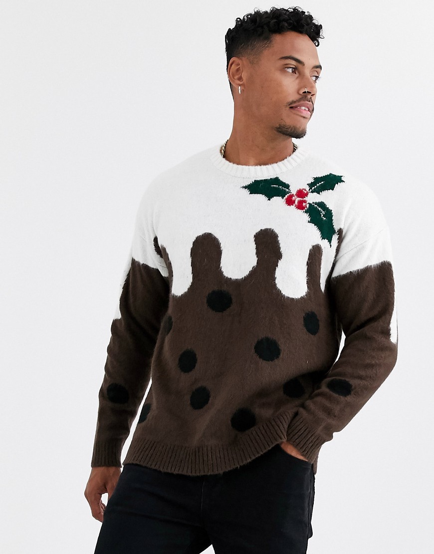 ASOS DESIGN - maglione natalizio con pudding-marrone
