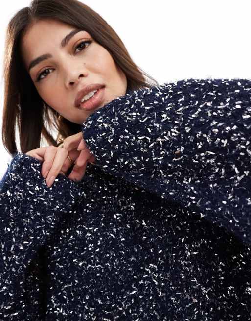ASOS DESIGN - Maglione natalizio oversize in filato metallizzato blu navy, 3 di 4