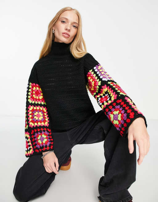 ASOS DESIGN - Maglione nero con maniche all'uncinetto multicolore