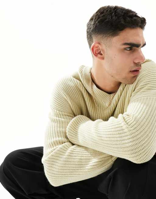 ASOS DESIGN - Maglione oversize a coste inglesi color avena con scollo a V, 3 di 4