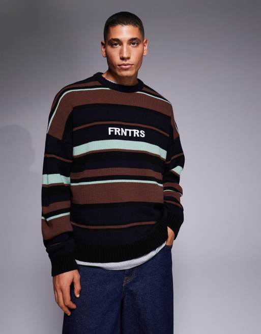 ASOS DESIGN - Maglione oversize a righe multicolore con grafica sul petto