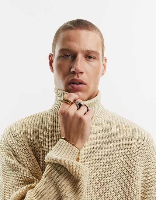 ASOS DESIGN - Maglione oversize beige a coste inglesi con collo alto