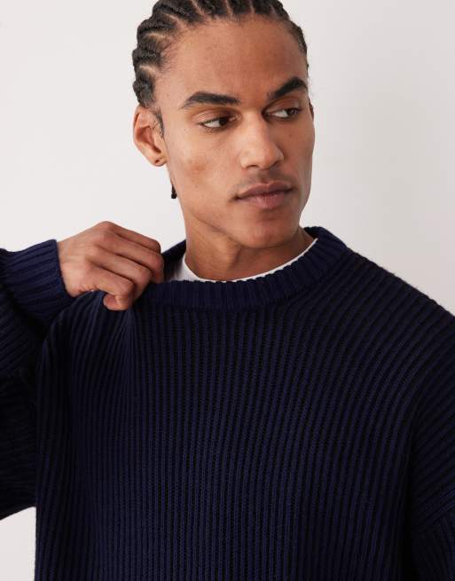 ASOS DESIGN - Maglione oversize blu navy a coste, 3 di 5