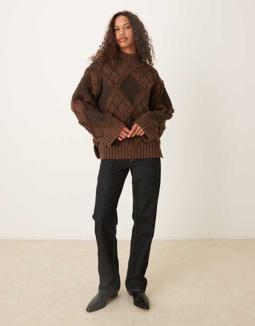 ASOS DESIGN - Maglione oversize color cioccolato a quadri con frange