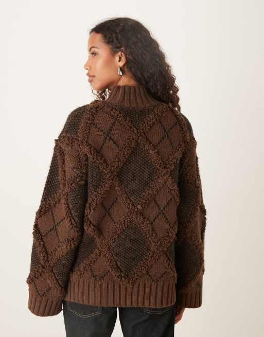 ASOS DESIGN - Maglione oversize color cioccolato a quadri con frange, 4 di 4
