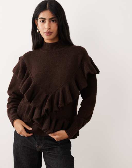 ASOS DESIGN - Maglione oversize color cioccolato con collo a imbuto e volant