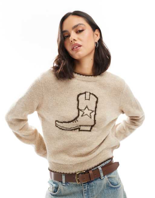 ASOS DESIGN - Maglione oversize color crema con stivale da cowboy