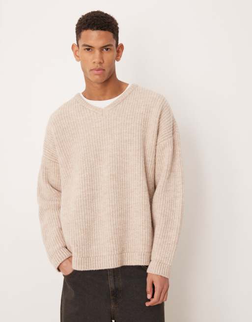 ASOS DESIGN - Maglione oversize color écru a coste con scollo a V