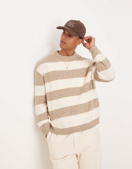 ASOS DESIGN - Maglione oversize color pietra ed écru a righe