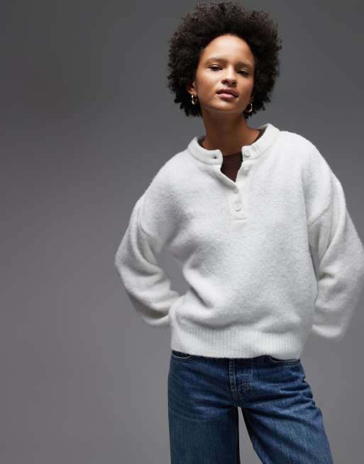 ASOS DESIGN - Maglione oversize con collo serafino écru in misto lana