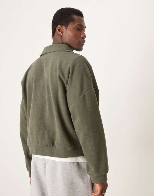 ASOS DESIGN - Maglione oversize corto kaki a coste spazzolato con collo a imbuto e ricamo, 3 di 4
