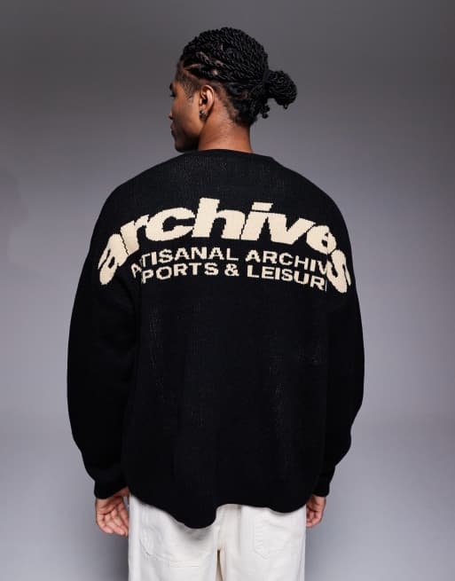 ASOS DESIGN oversized knit crew neck sweater with Archives back print in black