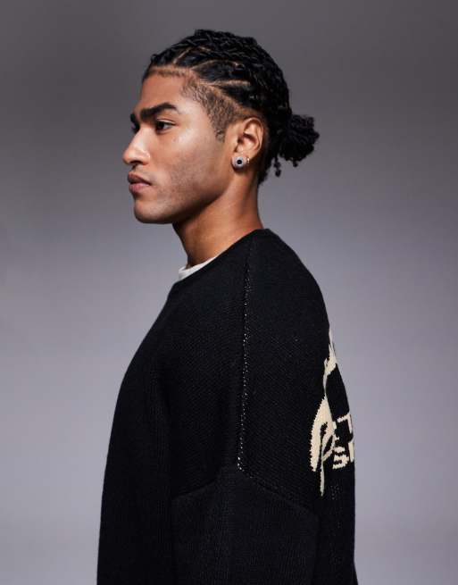 ASOS DESIGN oversized knit crew neck sweater with Archives back print in black