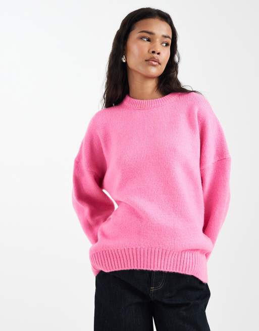 ASOS DESIGN - Maglione oversize girocollo rosa acceso con fondo arrotondato, 2 di 4