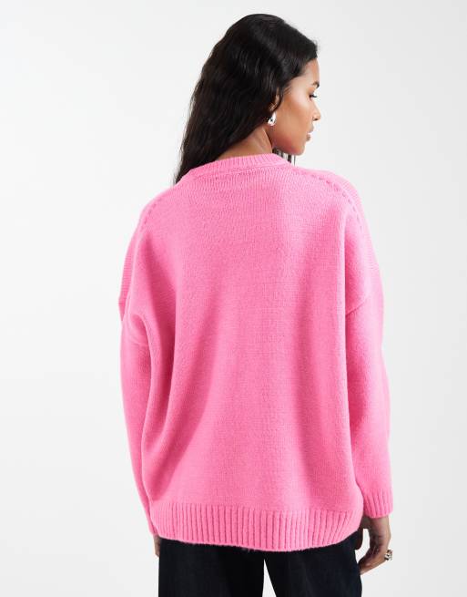 ASOS DESIGN - Maglione oversize girocollo rosa acceso con fondo arrotondato, 4 di 4