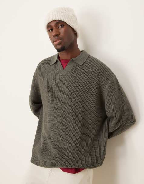 ASOS DESIGN - Maglione oversize grigio antracite mélange lavorato a coste inglesi con intaglio sul collo - view 1