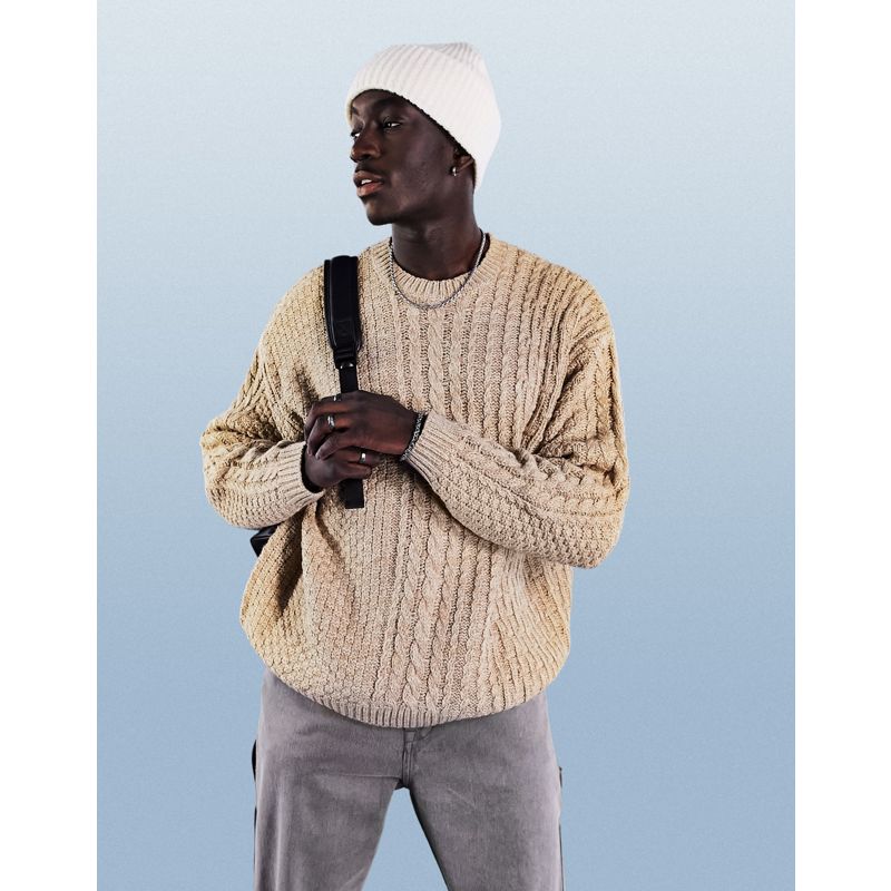 LS7ej Uomo DESIGN - Maglione oversize in maglia a trecce patchwork color cuoio