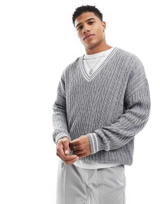 ASOS DESIGN - Maglione oversize in maglia a trecce stile cricket grigio con righe bianche sui bordi